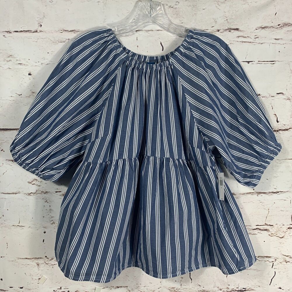 Old Navy Puff Sleeve Blue Stripe Blouse Medium Tiered Babydoll Festival Top